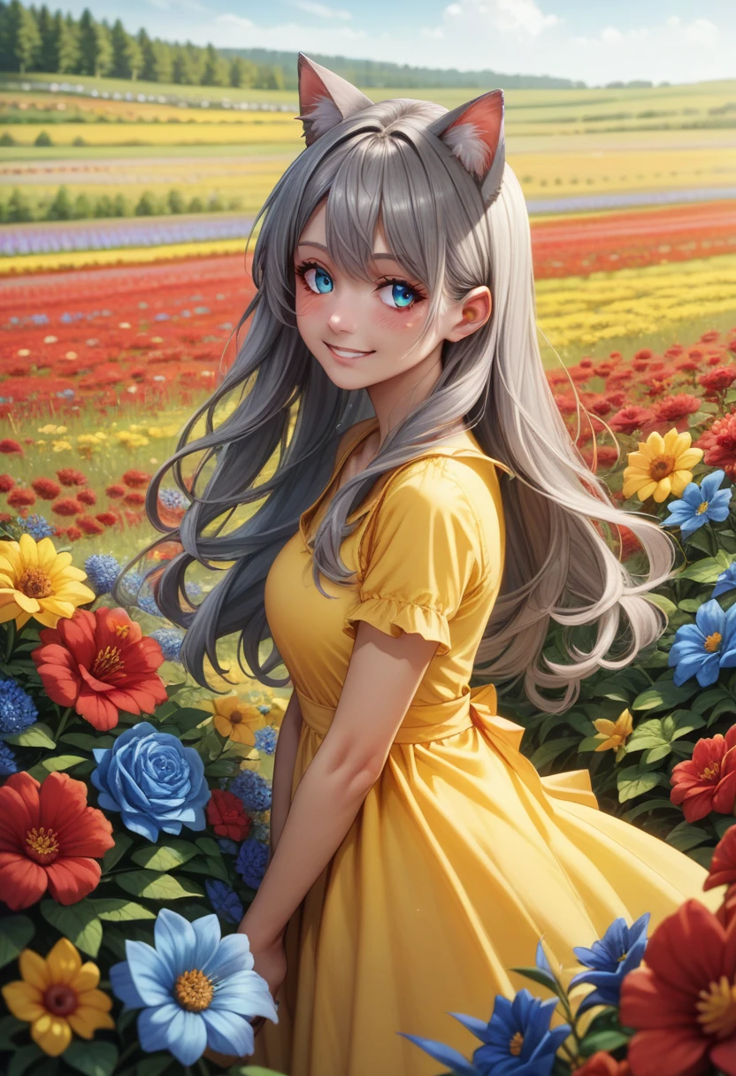 score_9, score_8_superior, score_7_superior, score_6_superior, detailed, Gray Hair, Long Hair, ribbon, Outdoor, Cat ears, blue eyes, yellow sundress, Flowers, colorful Flowers, red Flowers, blue Flowers, Field, From the side, Recall, smile, blush