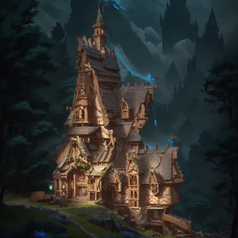 close-up of the house，there is a flag on it, fantasy architecture, giant medieval tower concept art,concept art is very detailed...