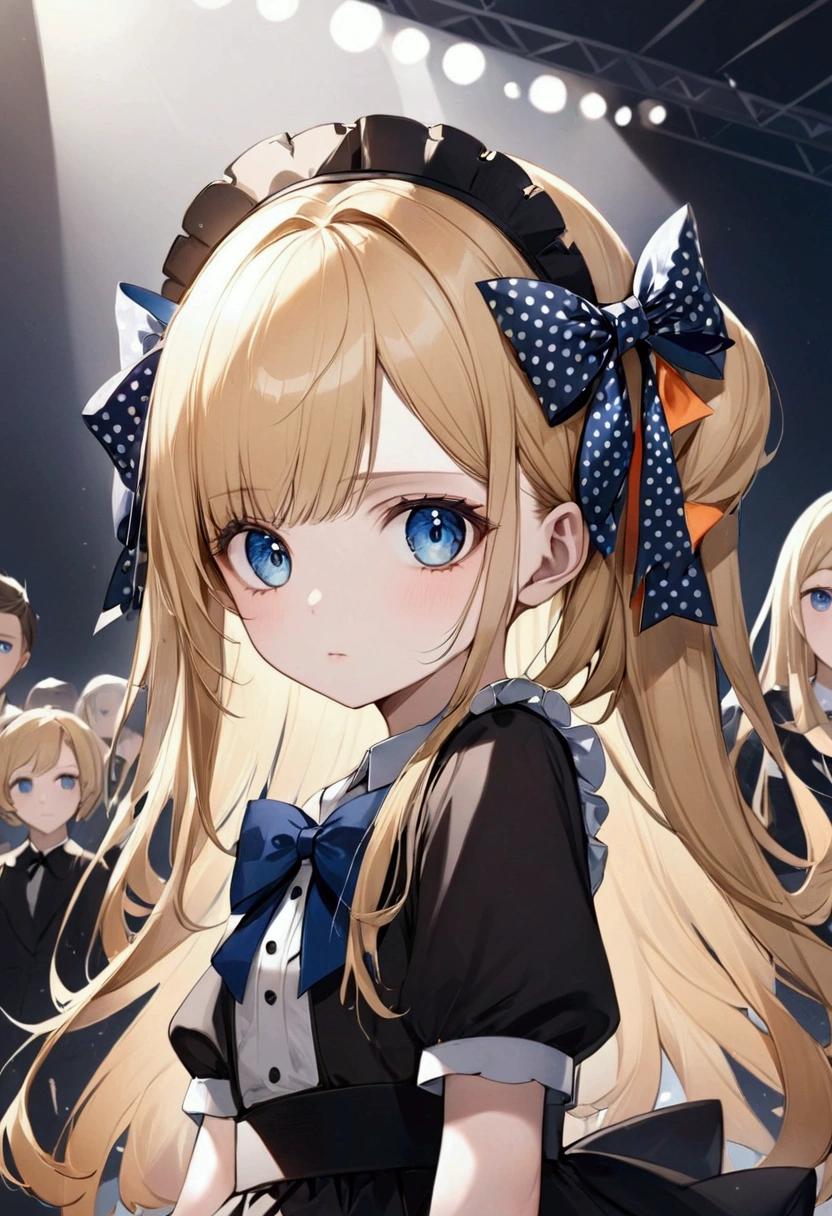 Fraction_9, Fraction_8_Direction_7_direction_6_up, 1 girl, solitary, Abigail Williams \(destiny\), bow, Blonde Hair, hair bow, black bow, blue eyes, shihakugan eyes, polka dot, Long hair, polka dot bow, Looking at the audience, have, parted Bangs, detailed complex background, Shut up, orange bow, Black headdress, Bangs, portrait, forehead, symbol, black skirt, multiple hair bows, skirt