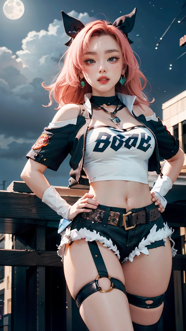 masterpiece, best quality, ultra-detailed, extremely detailed,illustration, 1girl, nicole demara, hair ribbon, hairclip, earrings, black collar, tube top, single thighhigh, short shorts, cropped jacket, belt, thigh strap, detached sleeves, doll, standing, hand on hip, cowboy shot, night street, moon 