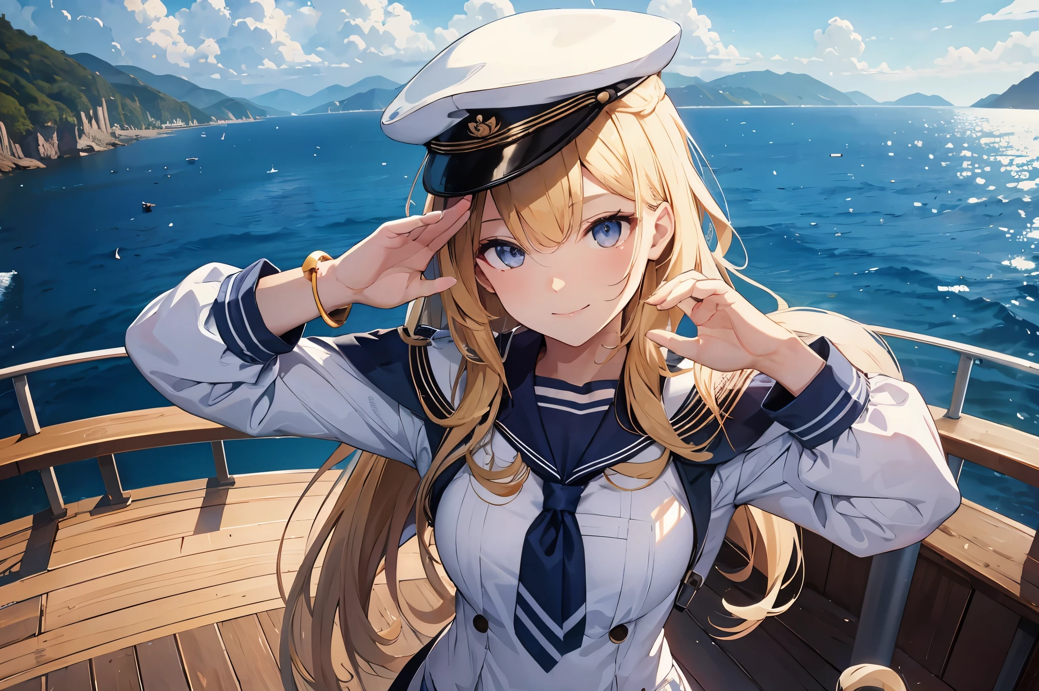 UHD, anatomically correct, super detail, high details, best quality, textured skin, masterpiece, accurate, highres, award winning, blonde hair, hair over shoulder, hair over eyes, light smile, wink, Sailor, sailor uniform, cap, cleaning the deck of a battleship, deck brush on shoulder, saluting, Hands on hips