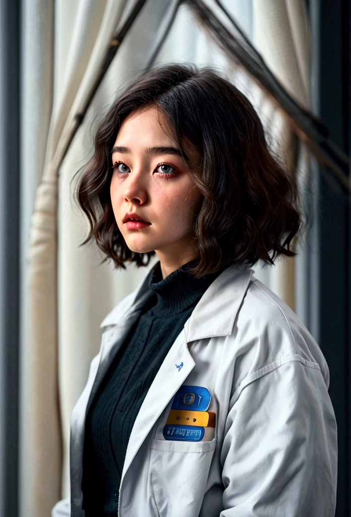 science fiction,science fiction movie,female,adult,protagonist,28 years old,hopeful face,갈색 eye,short hairstyle,black hair with white gray,Scientist Uniform,White Researcher Coat,open meadow,traitor,chaos,future world,The World of Socialism,eye,chaos