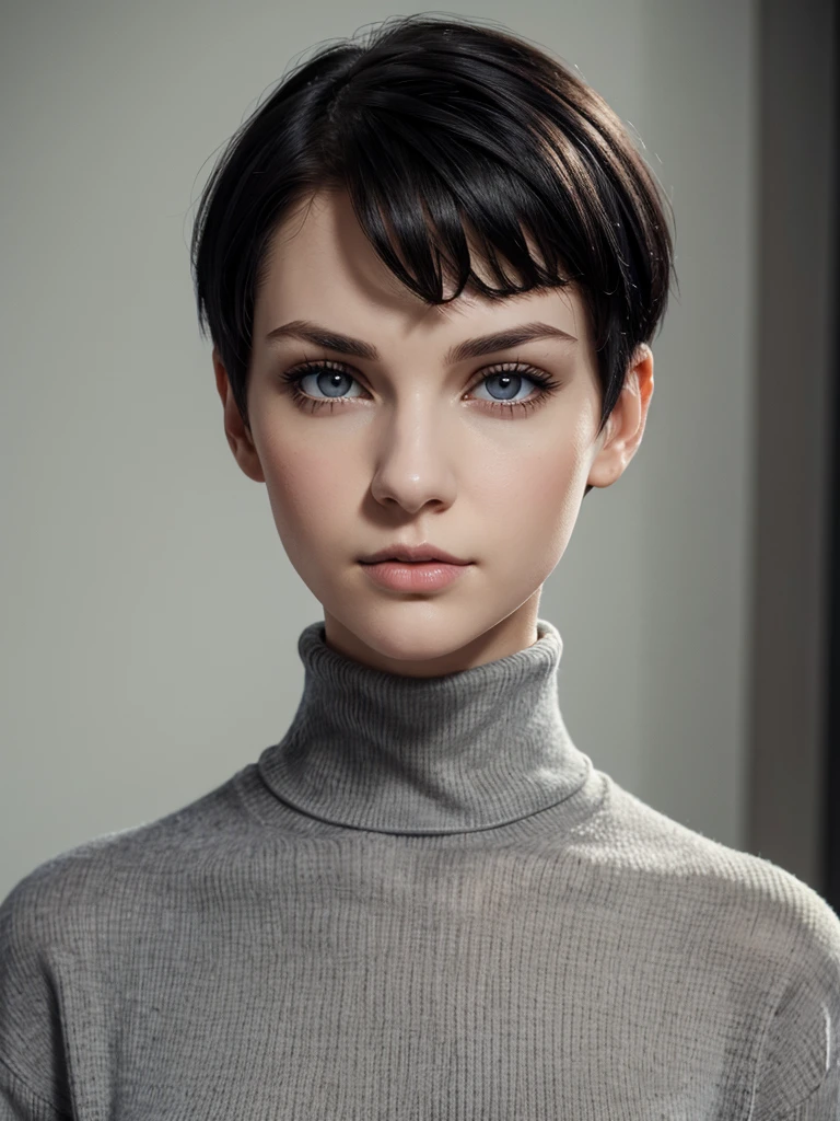 (best quality), 1girl, female, pale skin, (black hair), short hair, pixie cut, straight hair, grey eyes, perfect eyes, turtleneck sweater, stylish, elegant, serious, normal bust, masterpiece, anatomically correct, highres
