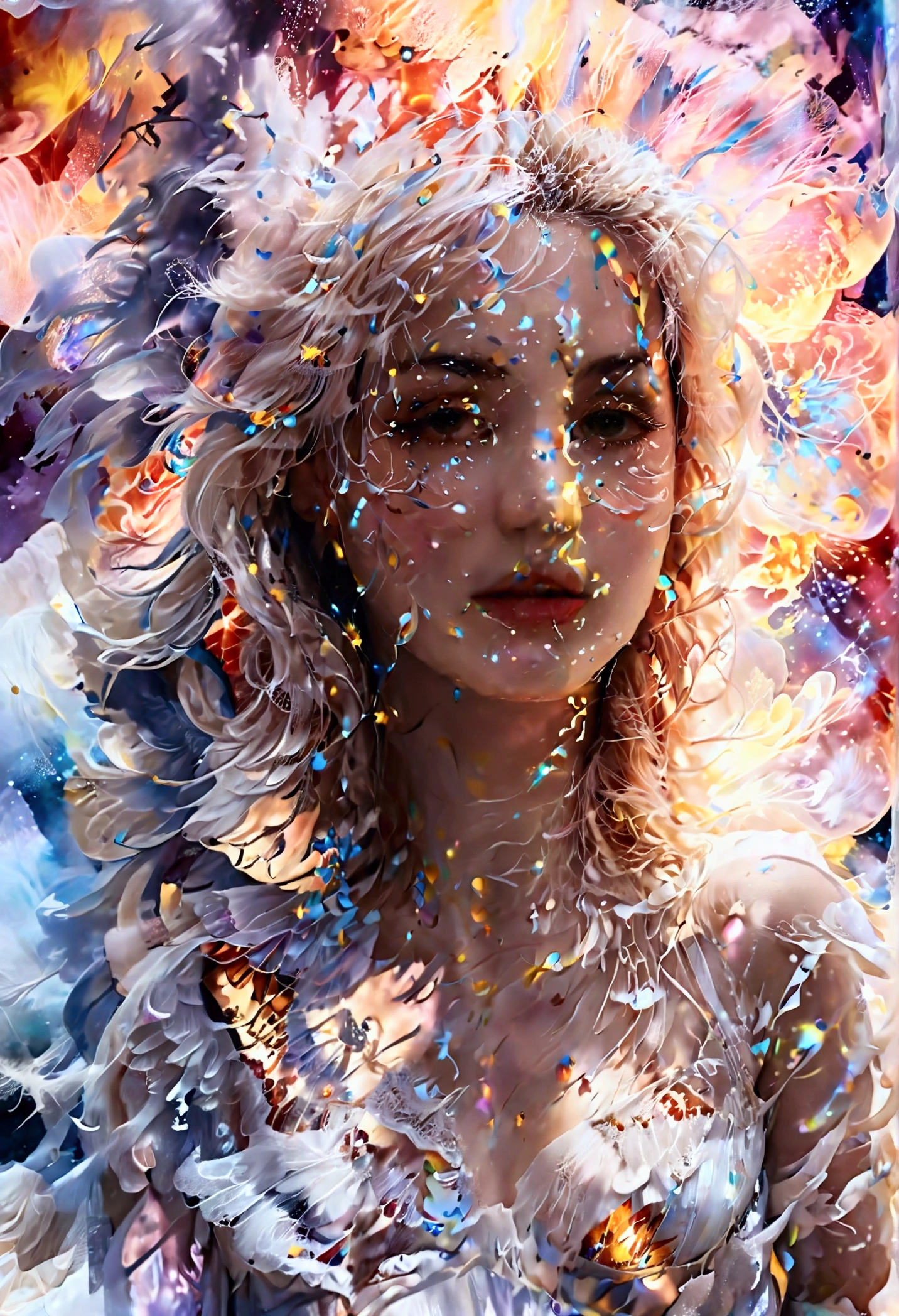 Gorgeous, Space , against the backdrop of bright multi-colored fog, Art, boudoir, water light ink, pigment and water, painted cloud, light fog, the image of a woman can be traced, double exposure, Unbelievable elegance,(Light energy:1.1),(immortal deity:1.2),Heavenly Grace,mystical outfit,Serene facial expression lace clothing, mesh on the face,intimacy,white hair fluttering,(Twinkling eyes:1.1),(unearthly beauty:1.1),magnificent heavenly kingdom,divine love and compassion,colorful nebulae dancing in the background,glowing particles of stardust float around her,galaxies swirl around her, as her divine power expands,Infinite Space, going far beyond the horizon,a hint of magic(flicker of magic:1.1),cosmic rays bathe this scene in a heavenly glow,(bright shades:1.1),(Cosmic colors:1.1),calming color palette,inducing a feeling of peace and tranquility,majestic divine presence, filling the entire universe,Magical atmosphere,(Delicate details:1.1),Thin strokes, creating intricate patterns,(unearthly blows:1.1),(fabulous strokes:1.1),very detailed visualization of her celestial features,subtle gradients, adding depth to the image,Carefully crafted textures, that animate it,flawlessчно реалистичное изображение,(impressive definition:1.1),(stunning realism:1.1),flawlessчное внимание к деталям, because every strand of hair is visible,(flawless
 