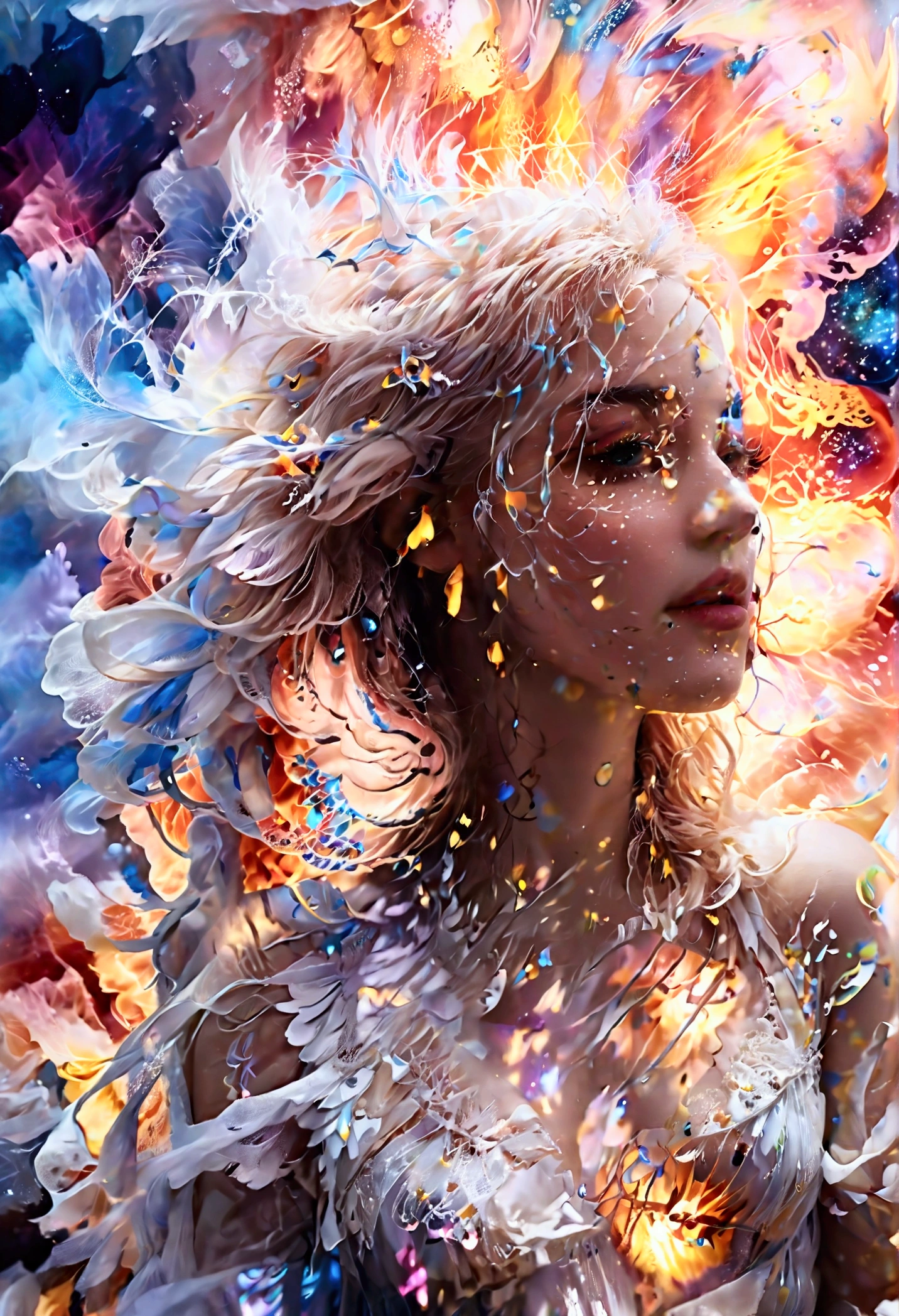 Gorgeous, Space , against the backdrop of bright multi-colored fog, Art, boudoir, water light ink, pigment and water, painted cloud, light fog, the image of a woman can be traced, double exposure, Unbelievable elegance,(Light energy:1.1),(immortal deity:1.2),Heavenly Grace,mystical outfit,Serene facial expression lace clothing, mesh on the face,intimacy,white hair fluttering,(Twinkling eyes:1.1),(unearthly beauty:1.1),magnificent heavenly kingdom,divine love and compassion,colorful nebulae dancing in the background,glowing particles of stardust float around her,galaxies swirl around her, as her divine power expands,Infinite Space, going far beyond the horizon,a hint of magic(flicker of magic:1.1),cosmic rays bathe this scene in a heavenly glow,(bright shades:1.1),(Cosmic colors:1.1),calming color palette,inducing a feeling of peace and tranquility,majestic divine presence, filling the entire universe,Magical atmosphere,(Delicate details:1.1),Thin strokes, creating intricate patterns,(unearthly blows:1.1),(fabulous strokes:1.1),very detailed visualization of her celestial features,subtle gradients, adding depth to the image,Carefully crafted textures, that animate it,flawlessчно реалистичное изображение,(impressive definition:1.1),(stunning realism:1.1),flawlessчное внимание к деталям, because every strand of hair is visible,(flawless
 