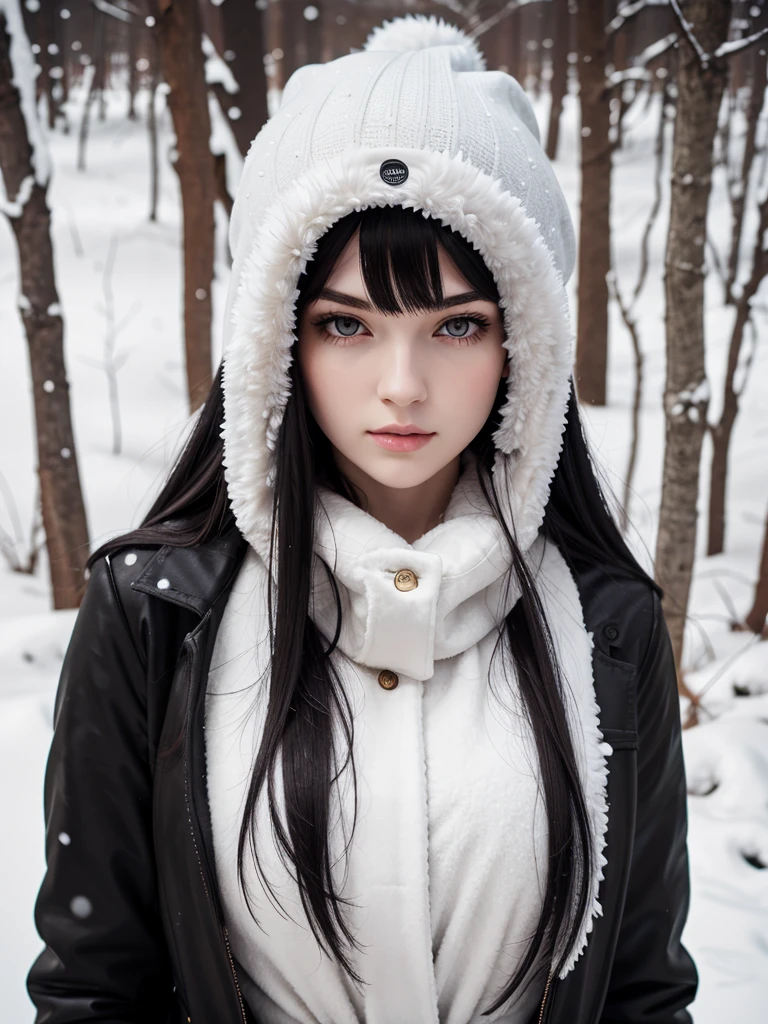 (best quality), 1girl, female, pale skin, (black hair), long hair, straight hair, grey eyes, perfect eyes, winter hat, winter coat, elegant, serious, normal bust, masterpiece, anatomically correct, highres
