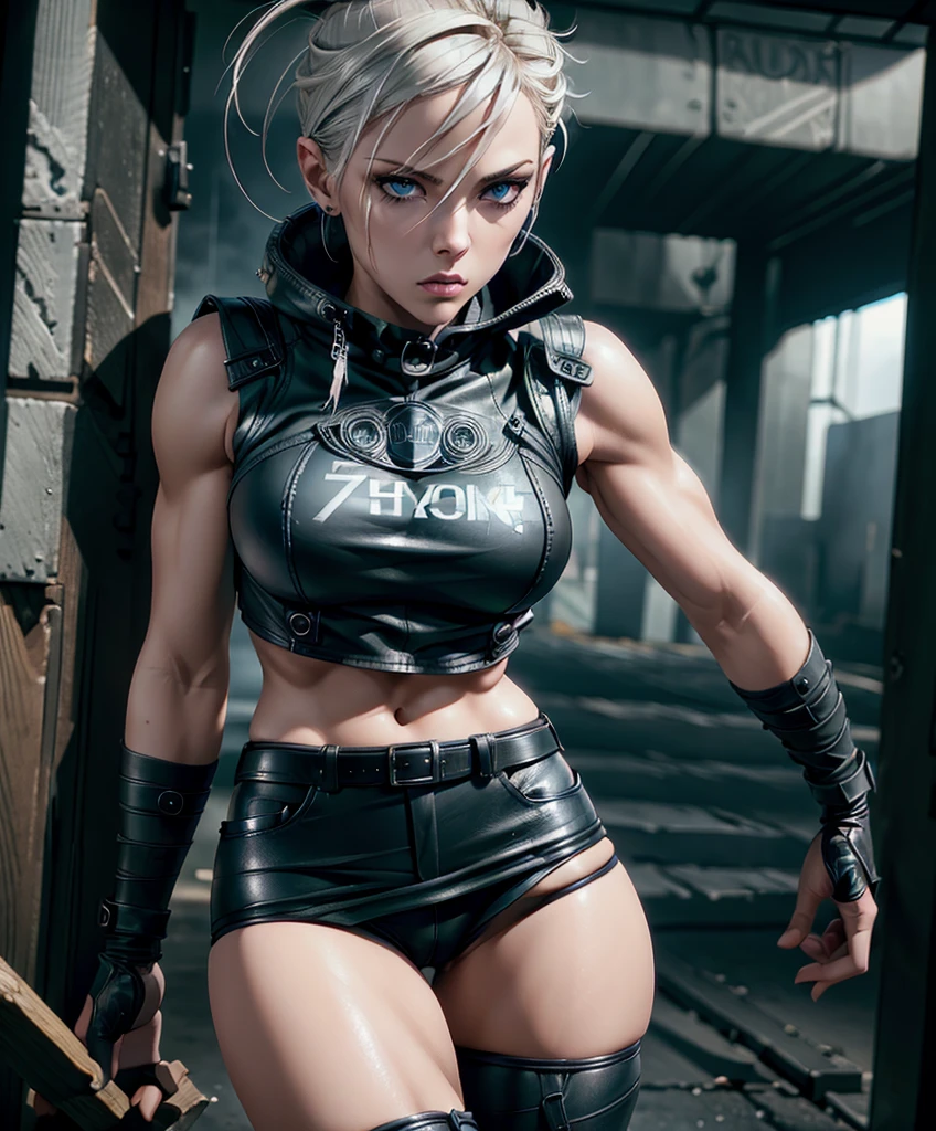 (((Full-length shot))),((Best quality)), ((masterpiece)), (detailed),MFBP1,muscular build and medium breasts .., wears an open black leather vest.., black leather gloves, a short skirt and heavy boots. She has a punk rock look.Hyper-realistic close-up photo of Rose Wilson DC, blue eyes,(Photorealism: 1.4), Create dystopian masterpieces. Post-apocalyptic world. Pay attention to small details, sharp focus. The palms of the hands are clenched into fists