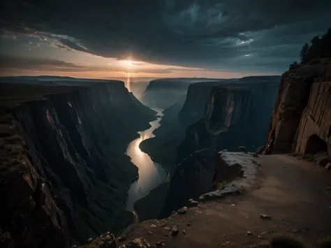 a dramatic cliff with 1000 intricate dents, dark horror atmosphere, dramatic lighting, moody colors, highly detailed, photoreali...