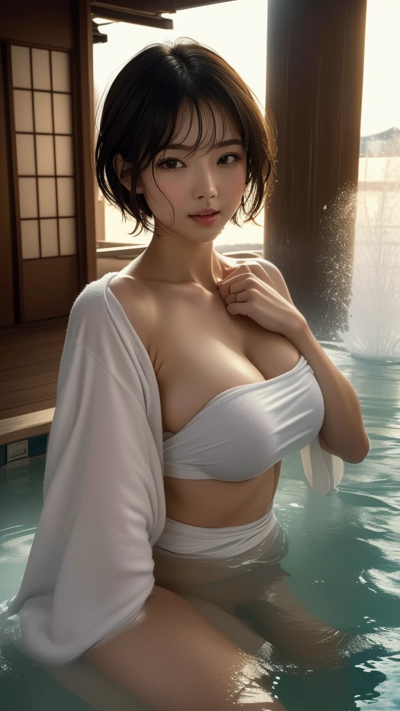 masterpiece、Highest quality、In 8K、(Photorealistic: 1.4)、(Depth of written boundary:1.2)、Ultra-detailed、High resolution、In detail、solo、(1 Female:1.2)、(Realistic Skin:1.2)、Beautiful woman、Perfect figure、Highly detailed eyes and face、Very detailed and beautiful eyes、Laughter:1.3、(Cover yourself with a large, thin white towel、Strapless:1.2)、(Geyser, hot spring:1.2)、(腹まで浸かる:1.3),very short hair,bob cut,(immerse:1.3),immerse herself in the hot spring water up to her stomach,