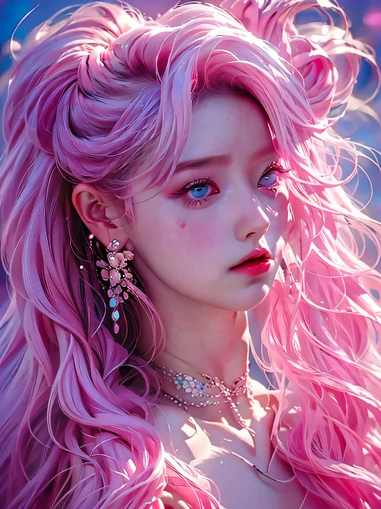 Woman, long wavy hair, pink hair, blue eyes, sexy, short, daring outfit, party background, people in the background, price hair, people in the background, big Breasts, very long eyelashes 