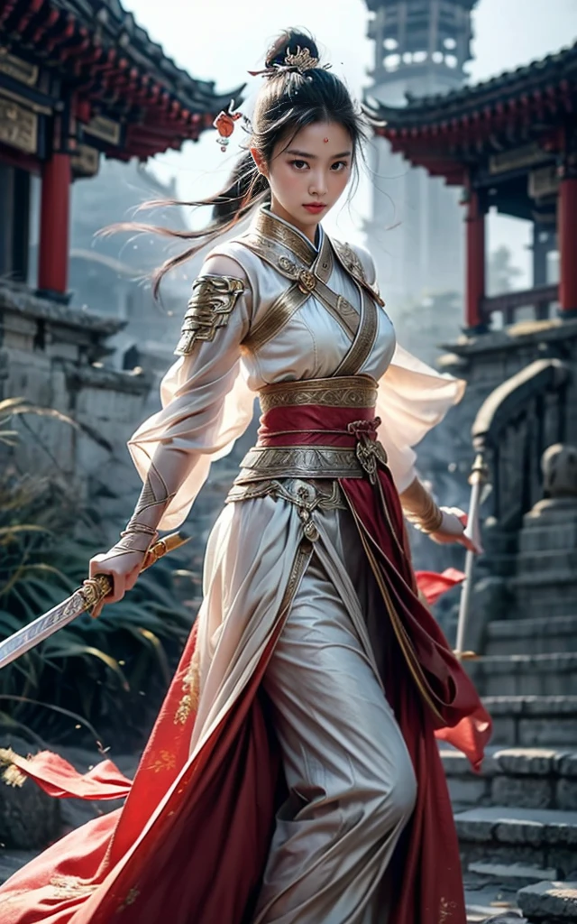 （drama、Leathery、generous：1.4），masterpiece，Best quality，8K，Crazy details，Intricate details，Extremely detailed，Extra large mass，High Detail，Extremely detailed，masterpiece，1 Girl，solo，Hanfu，Shift Dress，Red ribbon，Jewel-like，wind，Long sleeve，White hair，Hair accessories，Nipple tassels，Handheld weapons，sword，Looking at the audience，Realistic，Shaolin，Chinese Architecture，fighting，Female sword客, sword客，sword客