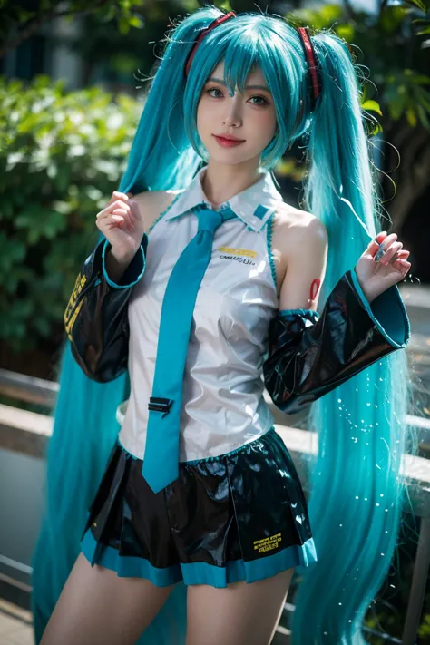 of the highest quality, obra maistra, realist, photorealist, a girl, alone, cowboy shot, hatsune miku cosplay costume, hatsune m...