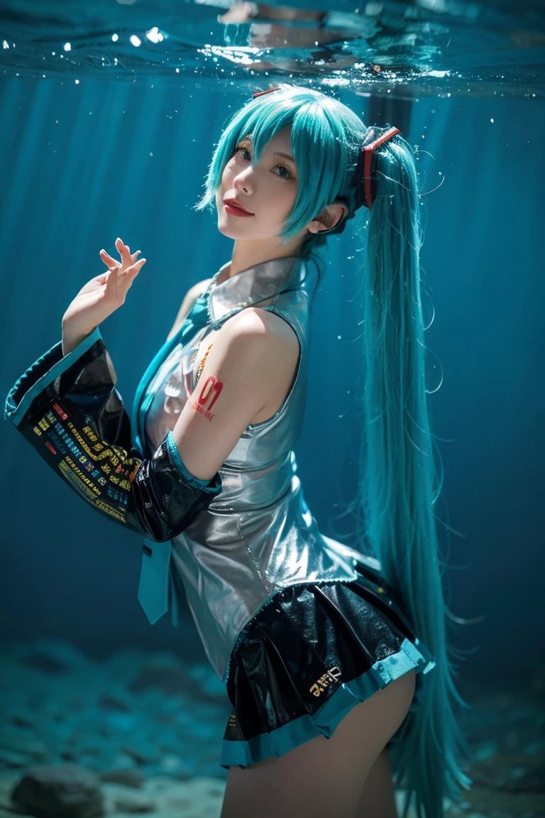 of the highest quality, obra maistra, realist, photorealist, A girl, alone, cowboy shot, Hatsune Miku cosplay costume, Hatsune Miku, cosplay, aquamarine hair, twin tails, very long hair, hair ornaments, Auricularis, auricularis, shirt, pleated tie, the aquatic, Fundas extraíblis, tattoo,to milk、is、Pink silk panties、low angle