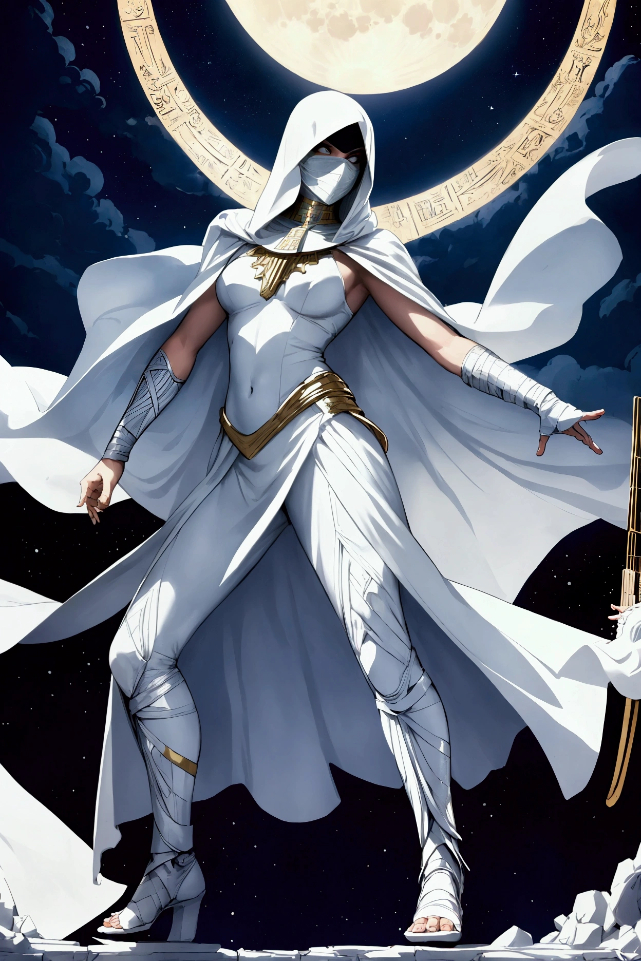 Full Body Pose, Beautieful Female Moon Knight, Marvel Comics, white Costume, white full face bandaged mask, white floating cloak, Moon Knight playing on a Banjo, Night Scene in an egyptian Museum