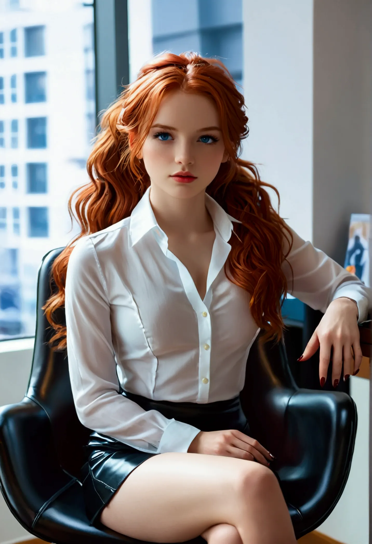 ultra realistic, fot, long wavy red hair, blue eyes like the sky, pale white skin adorned with freckles, Kizi, 24 years old, hou...