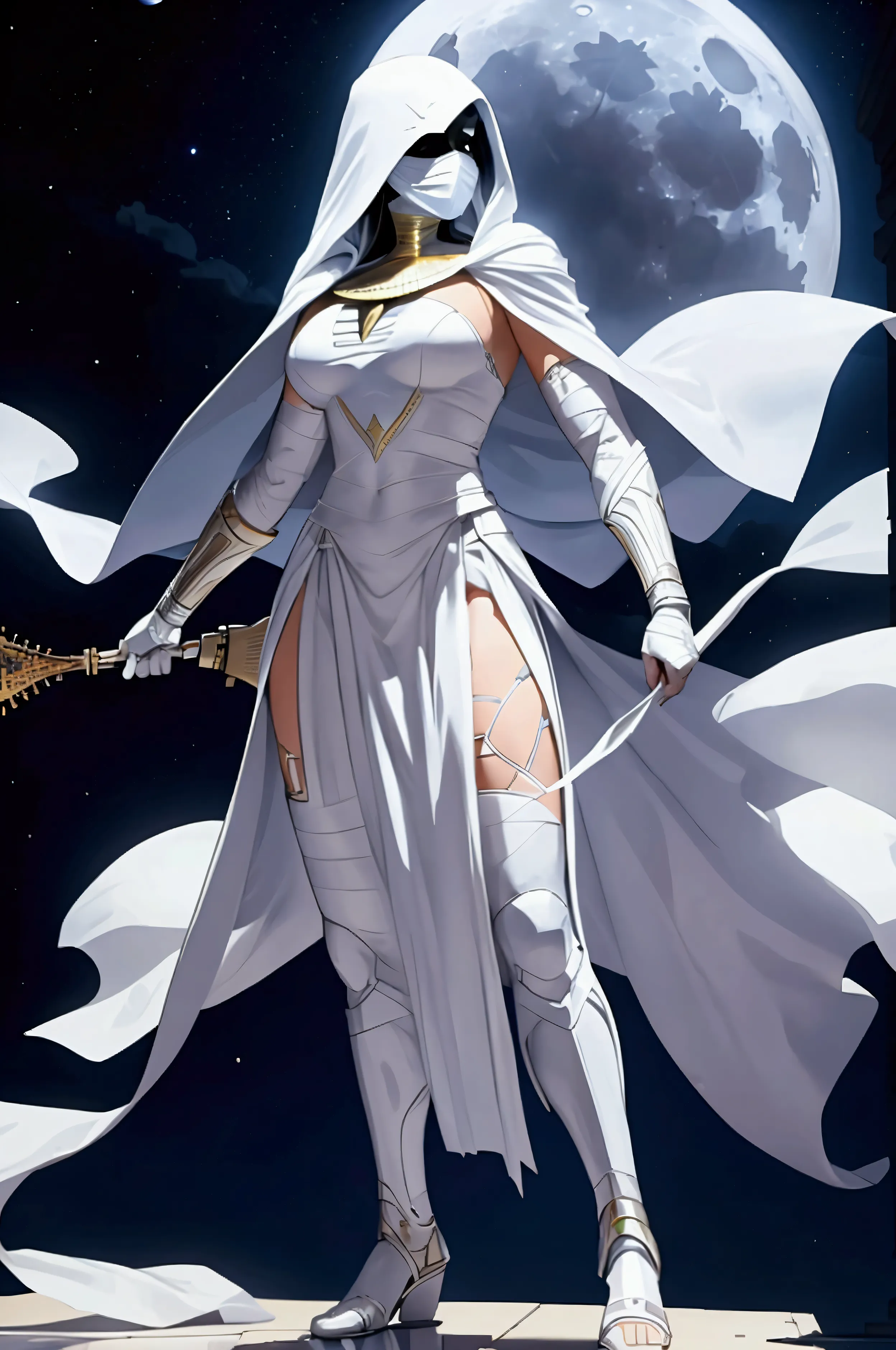 full body pose, beautieful female moon knight, marvel comics, white costume, white full face bandaged mask, white floating cloak...