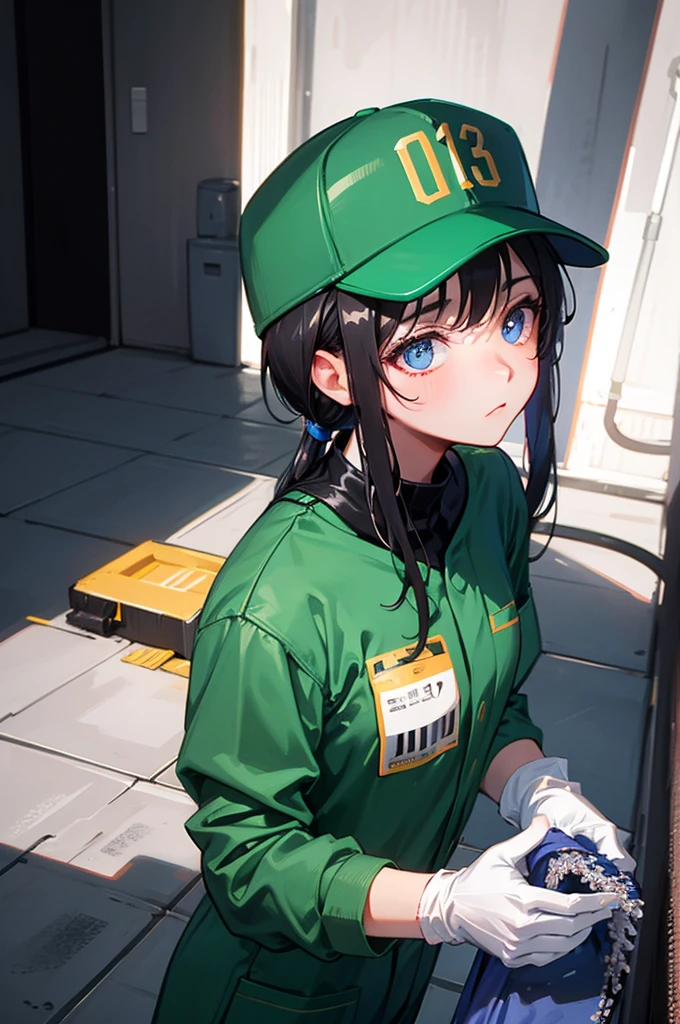 [[[[[1 female]]]]] Close up, only upper body visible, portrait, 1 female, janitor concept, janitor clothes, green clothes, Clothes that reach up to the neck, jumpsuit, plain clothes, [Wearing long rubber gloves,] wearing a baseball hat, looking bored, looking tired, blue eyes, [Holding a mop on the floor]