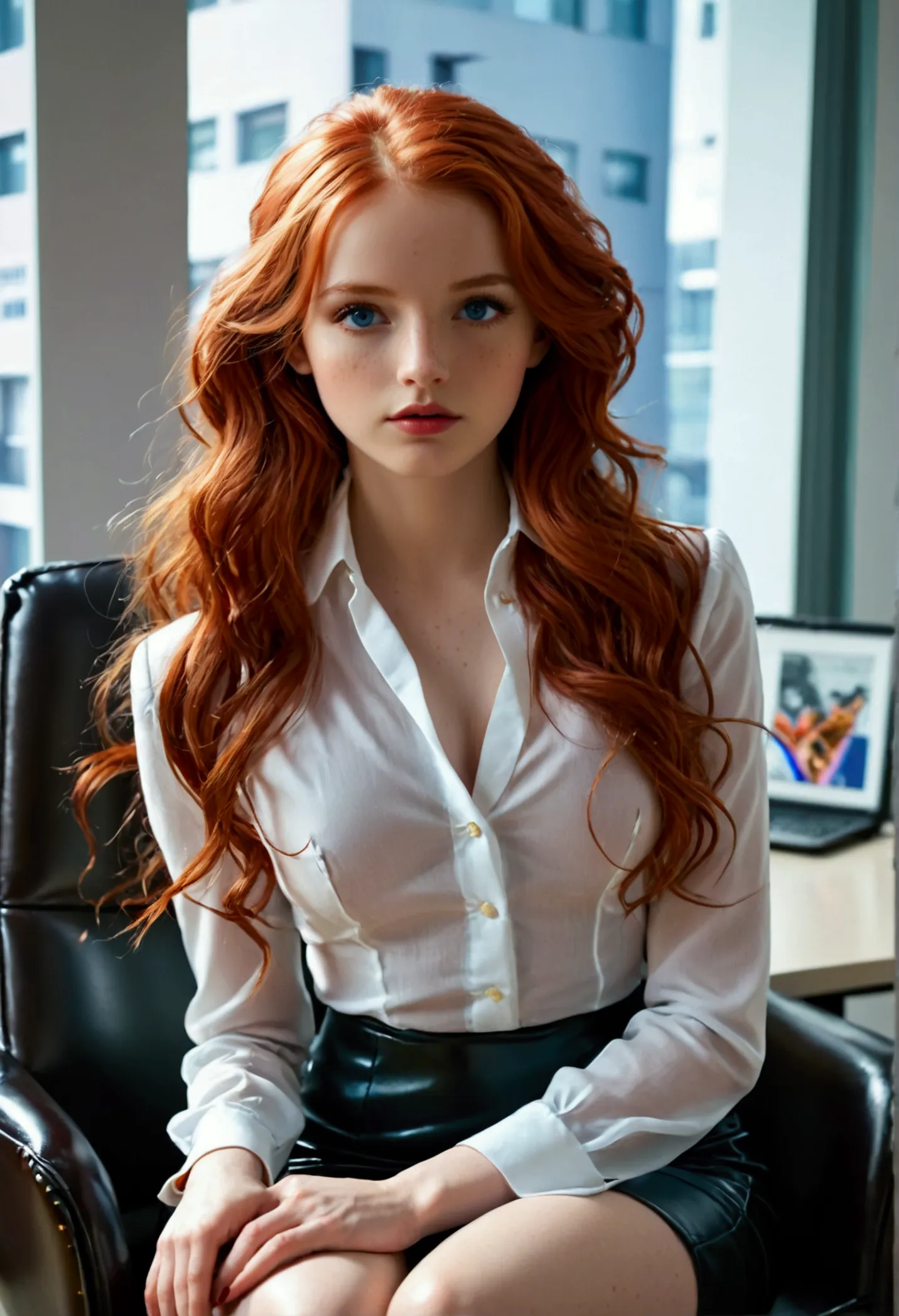 ultra realistic, fot, long wavy red hair, blue eyes like the sky, pale white skin adorned with freckles, Kizi, 24 years old, hou...