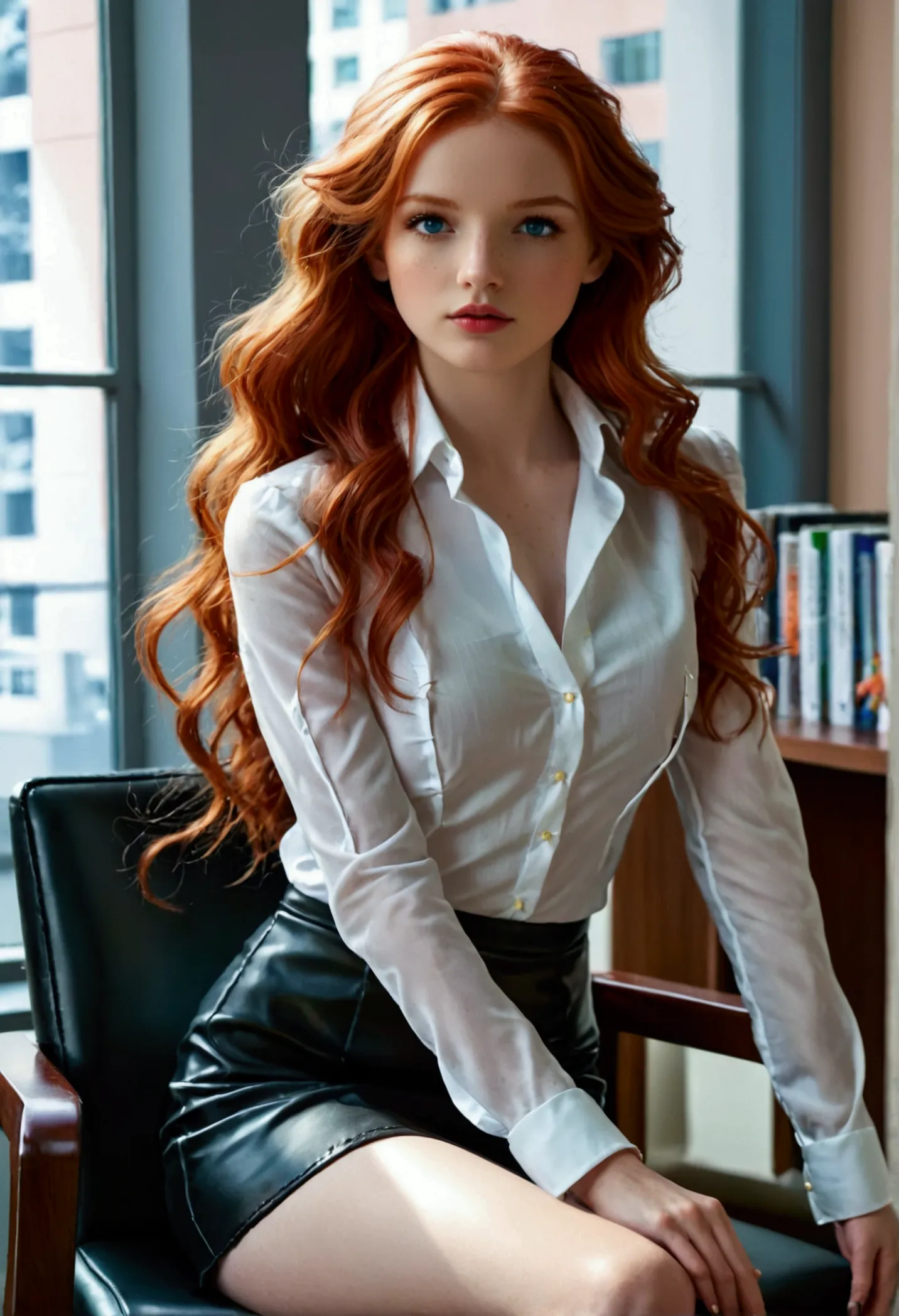 ultra realistic, fot, long wavy red hair, blue eyes like the sky, pale white skin adorned with freckles, Kizi, 24 years old, hou...