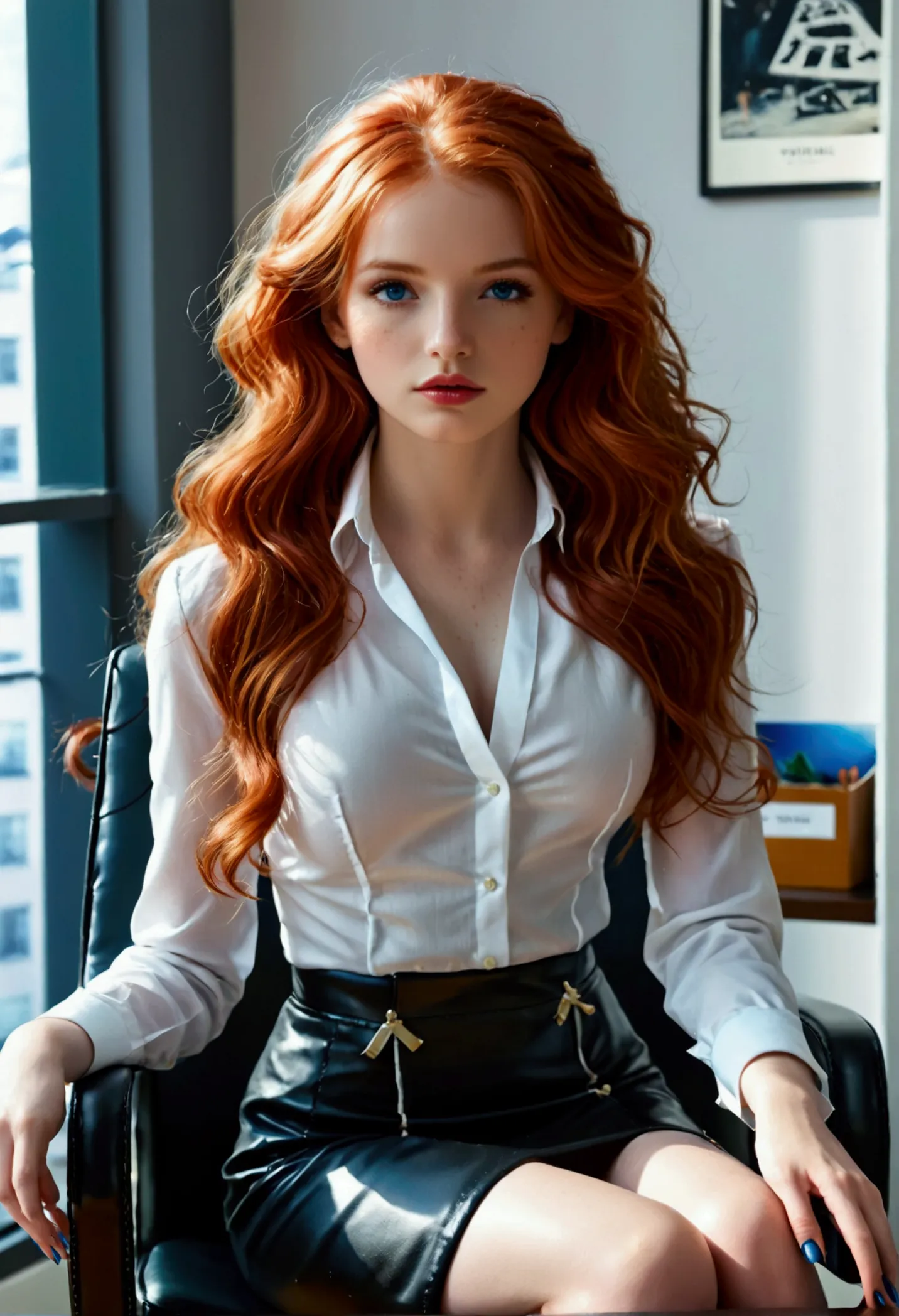 ultra realistic, fot, long wavy red hair, blue eyes like the sky, pale white skin adorned with freckles, Kizi, 24 years old, hou...