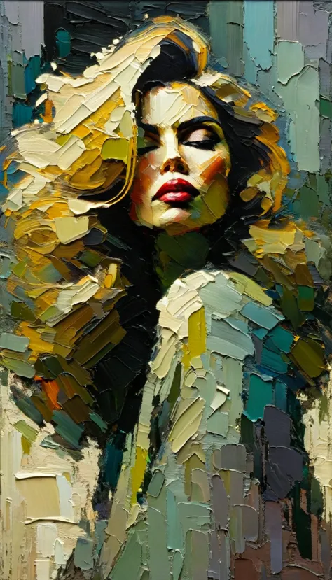 portrait madonna a thick textured oil painting, impasto brushstrokes, dry brushing, revealing underlayers, abstract landscape, m...