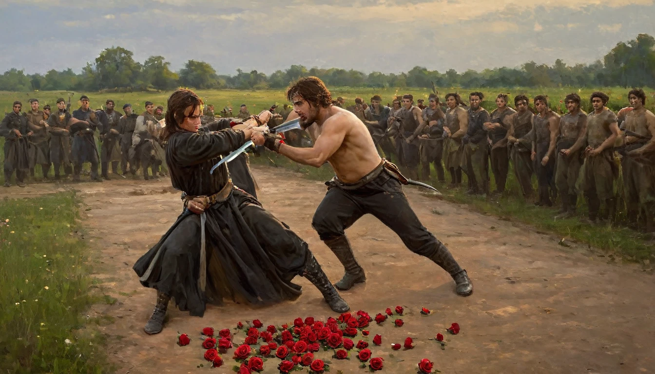 pintura de dois campos lutando entre si, Petros e Leonid,  (((roses flowers on the ground))); tuomas korpi e wlop, cena de luta, por Ilya Ostroukhov, hand to hand combat, por Alexander Kucharsky, orcs eslavos na estepe, duelo, Direção: Alexander Ivanov, enfrentando em um dueloo