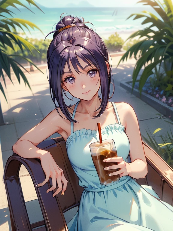 ((masterpiece)),((Ayako Katagiri)),((Katagiri Ayako)),((Mischievous Smile)),Anatomically perfect fingers,(((Stylish cafe))),(((A moment of summer))),(((Drinking iced coffee)))