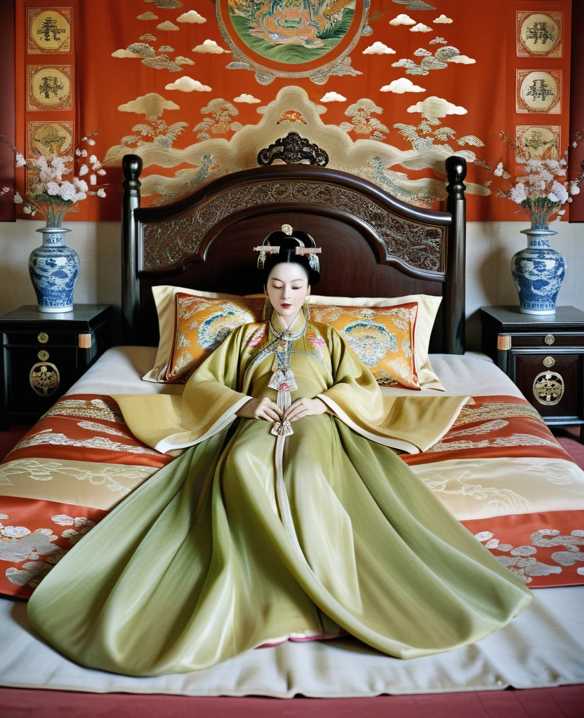 The Empress of the Qing Dynasty is sleeping naked in the luxurious Empress's Bedroom in the Chinese Royal Court The Empress of the Qing Dynasty is wearing the name of the Empress of China and has her hair tied up in the back Angle seen from above