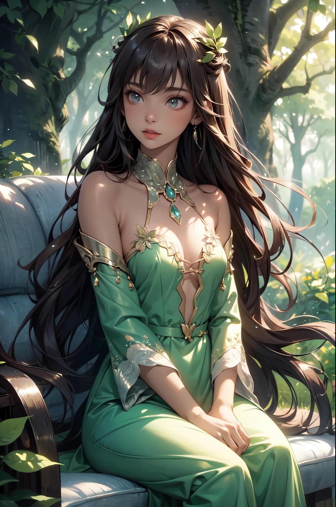 A young woman sits gracefully in a dense forest, surrounded by towering trees and a lush, green undergrowth. She wears a long, flowing dress in a shade of green that blends seamlessly with her natural surroundings. Her long, dark hair cascades over her shoulders, adorned with a delicate crown made of intertwined branches, leaves, and small flowers. The expression on her face is serene, almost contemplative, as she gazes off into the distance. The forest around her is alive with vibrant shades of green, and the atmosphere is one of quiet, untouched beauty. The roots of the trees form a natural seat for her, adding to the organic, harmonious feel of the scene. The light filtering through the canopy casts a soft, diffused glow, enhancing the ethereal quality of the image.