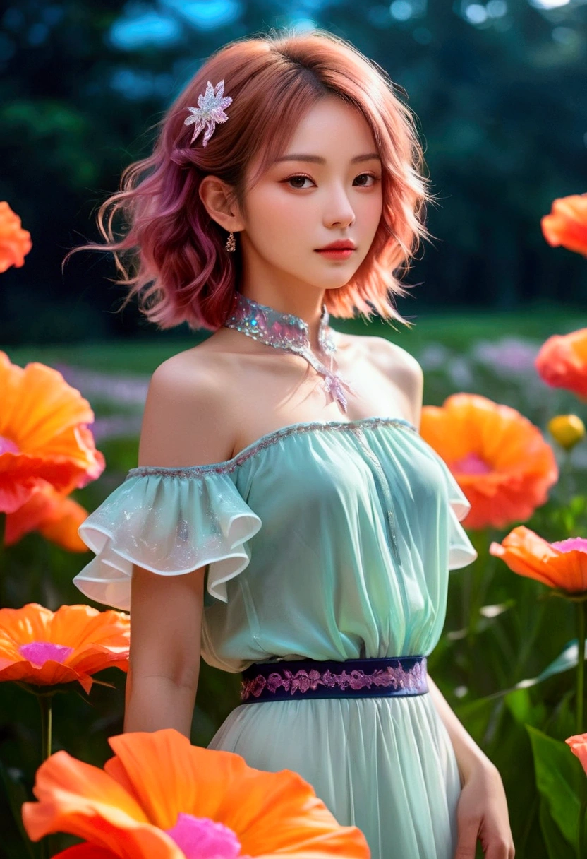 ((jewel_light element)), (Translucent luminous body_Wearing a pink and white frilly blouse), (girl made of light: 1.2, Long wavy hairstyle with delicate features and shine: 1.3), (minimalism: 0.5), (Front view close-up angle: 1.3), 4K, HDR, acid graphics, fantasy work, [Detailed and vivid face: 0.33], (White and translucent body and hair: 1.3), Beautiful woman shining with silhouette outline, Revealing understated elegance ... A calm and dignified atmosphere provides a subtle sense of luxury.......  stylish pose, fluorescent, Glowing tattoo, bioluminescent tattoo, And the shining pattern.