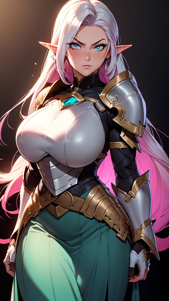 High detailed, 1 girl, gradient 2 colored hair, cyan-pink colored hair, elf ears, extremely long wild hair, wild hairstyle, serious, sapphire colored eyes, sharp eyes, long earings, big busty, firm plump body, silver armor, soft breastplate, bust framing breastplate, silver armor, pointed shoulder pads, silver gauntlets, silver belt, gray long skirt, looking to the viewer