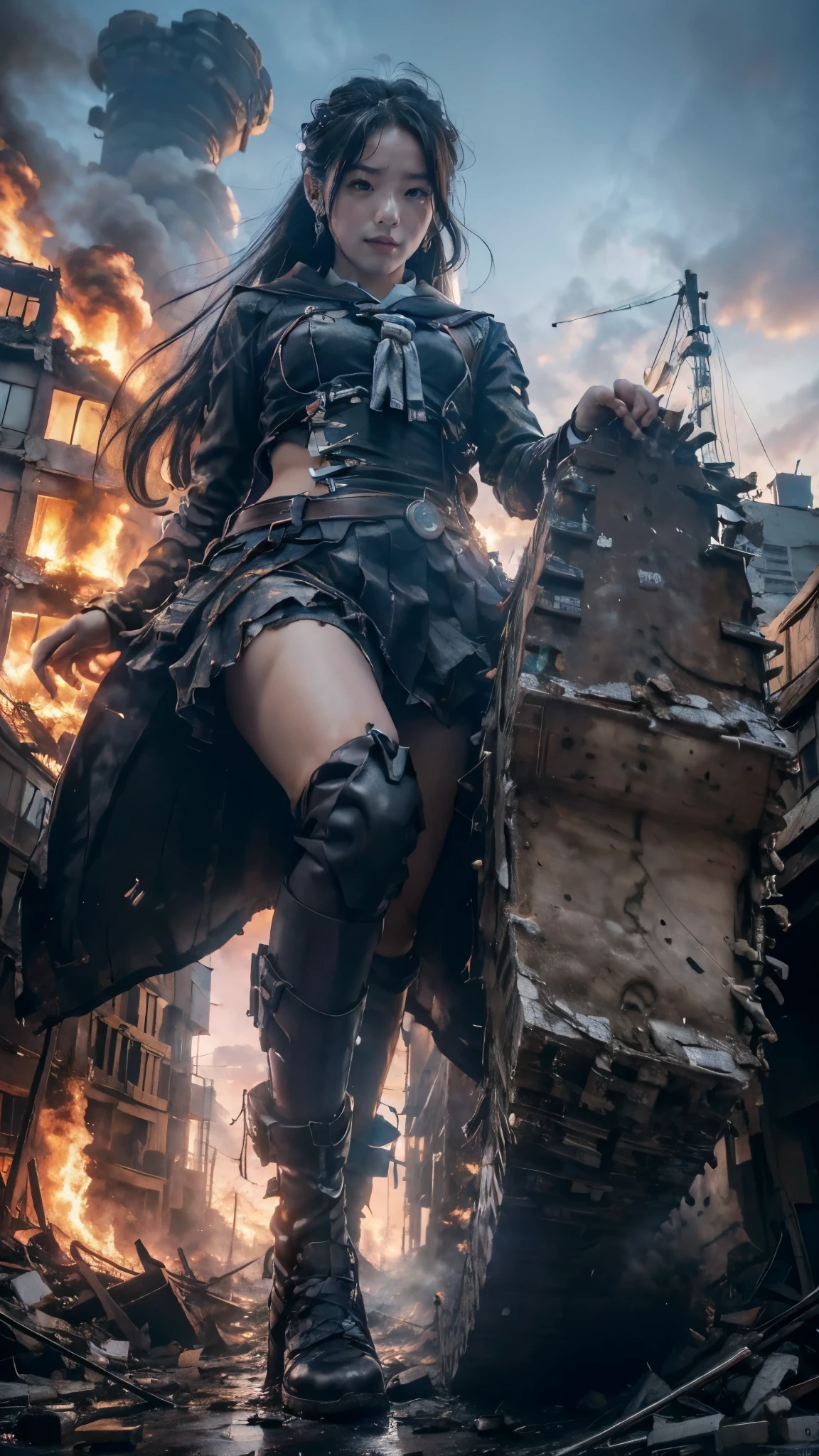 (Giantess elements, high resolution, high quality, accurate body structure, detailed body), Japanese high school girl, sailor uniform, towering giant girl, looking up at approaching woman from below, giant attacks city, cute, girl destroying small town, destroying small town, mischievous expression, Japanese language, white skin, smile, trampling buildings, rubble, burning small town, destroyed small building, collapsed highway, car being crushed, evacuation of residents, sunset, burning small town, please, walk, trample, anatomically correct, accurate human body, accurate skeleton, full body portrait, blue eyes, rubble scattered at feet, taller than skyscrapers, big impact, amazing, giantess elements, drawing women big, increasing destructive elements, making city smaller, rampaging, city, building,