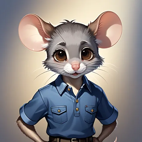 create an image of an anthropomorphic mouse with the following human facial features:
- large, expressive brown eyes - dark, wel...