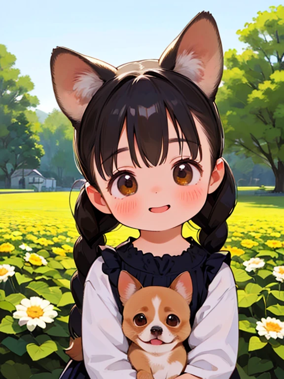 (Highest quality,4K,8k,High resolution,masterpiece:1.2), Very detailed, (Deformed, Realistic, Realistic:1.3)，One Girl，cute，Very short stature，，Laughing happily, Brown eyes，length, fluffy, Black hair braids，White short dress，Hugging a Chihuahua，Chihuahuas are much larger than females...，This dog is a chihuahua..，The background in early summer is the garden of a country house，My clothes are transparent because of cold sweat，