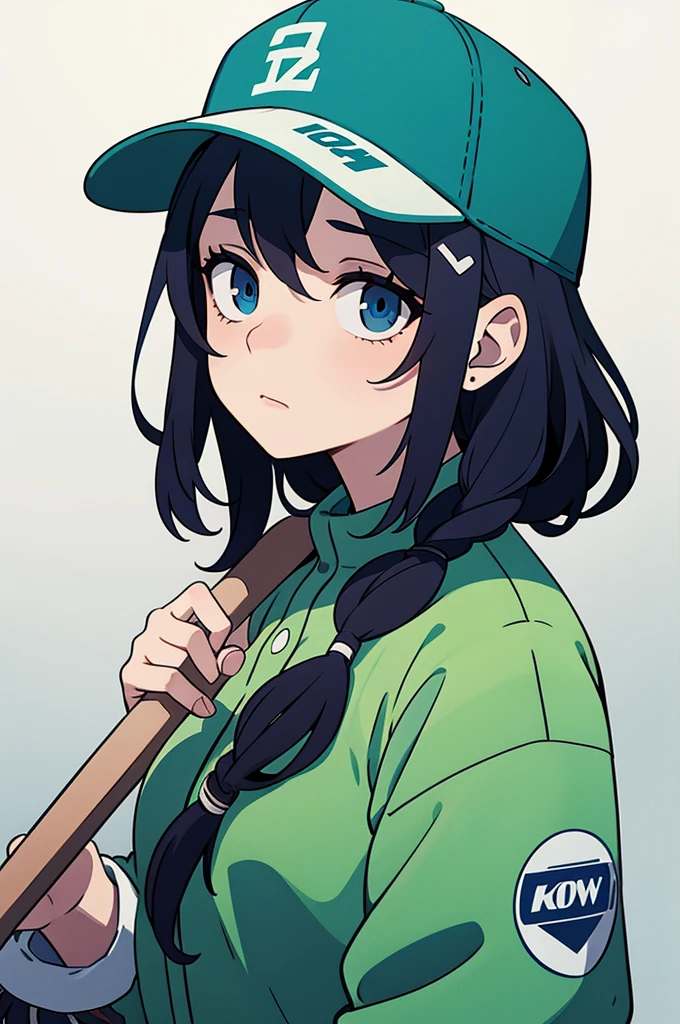 [[[[[1 female]]]]] Close up, only upper body visible, portrait, 1 female, cleaner concept, cleaner clothes, green clothes, Clothes that reach up to the neck, jumpsuit, plain clothes, hat, wearing a baseball hat, looking bored, looking tired, blue eyes, Holding a mop on the floor