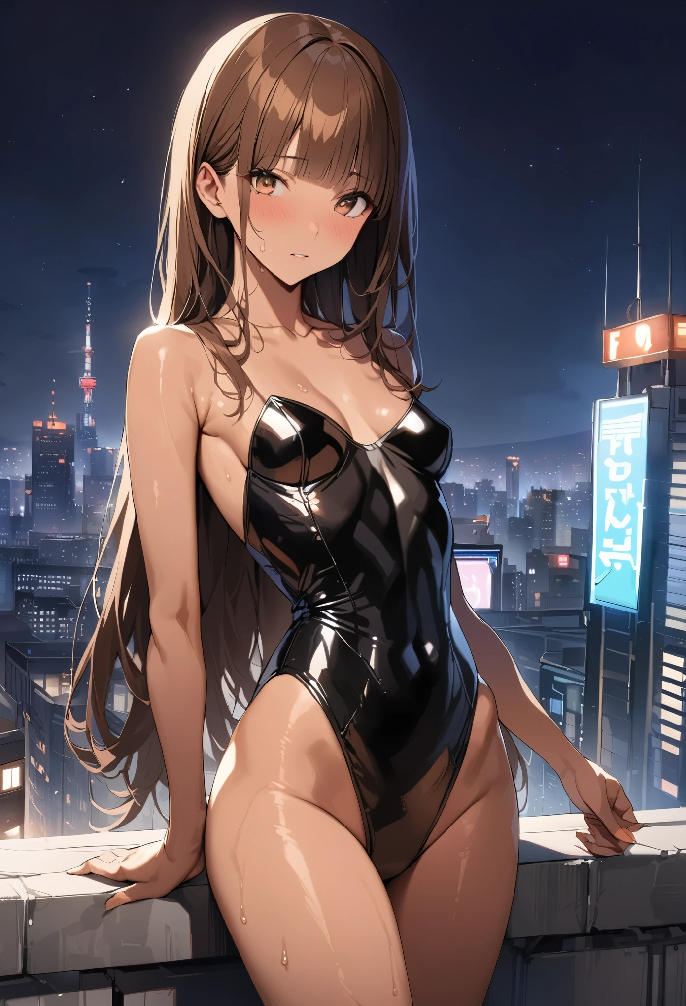 ((masterpiece,best quality anime,Highest quality:1.3)),realistic,cowboy shot,Mature Beauty,独奏,1woman,((very small head:1.3)),ideal ratio body proportions,tan skin,brown hair,bangs,straight long hair,gorgeous eyes,brown eyes,(Black leotard bodysuit、A detailed depiction of a rifle being held in the hand),((slender body,skinny,toned body)),small breasts,sweat,gleaming skin,shiny skin,((rooftop of high-rise building)),Shinjuku、moonlight、at night、Modern Tokyo、