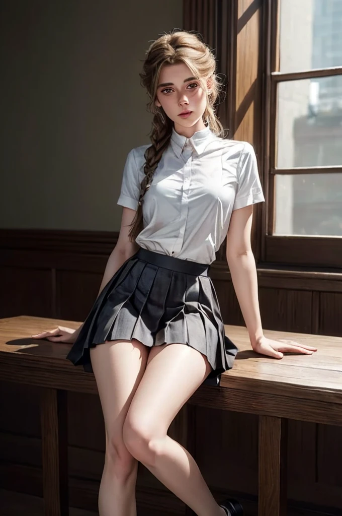 (full body photo:1.3), dynamic scene, action packed, solo, AnalogRedmAF BREAK classroom background, (full body), braids, sitting on table, sunny cinematic lighting, worried expression, beautiful face, 30 year old Anna Kendrick (wearing pleated skirt, white shirt, thigh socks, platform high-heels), slender, athletic young woman (in full height:1.25) with (natural short hair), extremely gorgeous, flawless beauty, perfect fit body, wide hips, small waist, thick thighs, firm abs, beautiful body, medium breasts, extremely detailed, masterpiece, intricate details, highly detailed, sharp focus, detailed skin, realistic skin texture, texture, detailed eyes, high resolution, kodak vision color, foto_\(ultra\), post-processing, maximum detail, roughness, real life, ultra realistic, photorealism, photography, absurdres, RAW photo, highest quality, high detail RAW color photo, professional photo, extremely detailed UHD 8k wallpaper unit, best quality, highres, (masterpiece, top quality, high resolution:1.4), photo, cinematic, film grain, sharp, soft natural light, magic photography, super detailed