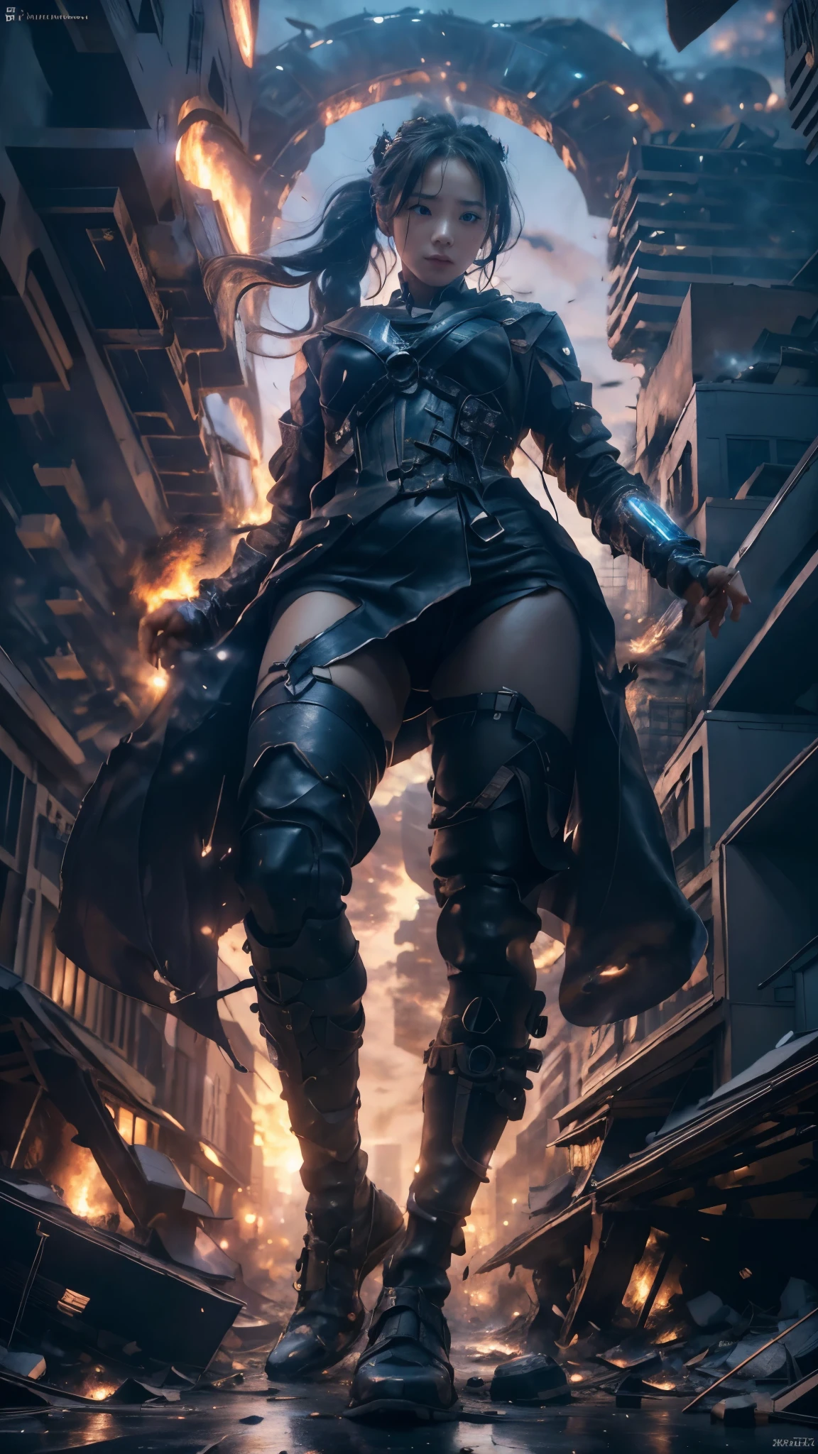 (Giantess elements, high resolution, high quality, accurate body structure, detailed body), Japanese high school girl, sailor uniform, towering giant girl, looking up at approaching woman from below, giant attacks city, cute, girl destroying small town, destroying small town, mischievous expression, Japanese language, white skin, smile, trampling buildings, rubble, burning small town, destroyed small building, collapsed highway, car being crushed, evacuation of residents, sunset, burning small town, please, walk, trample, anatomically correct, accurate human body, accurate skeleton, full body portrait, blue eyes, rubble scattered at feet, taller than skyscrapers, big impact, amazing, giantess elements, drawing women big, increasing destructive elements, making city smaller, rampaging, city, building,