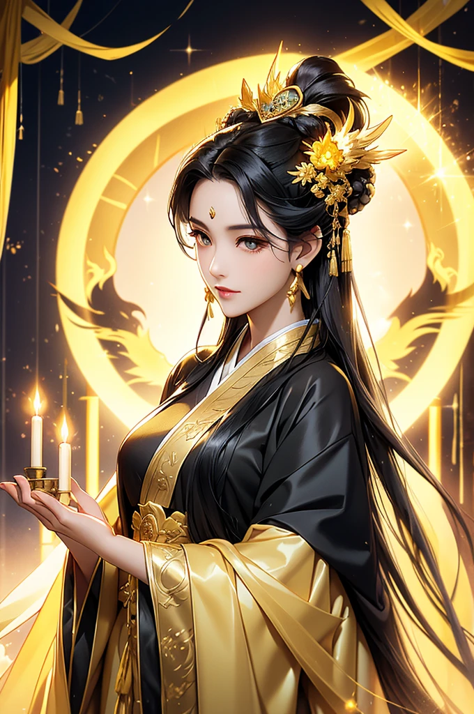 Black Hair, Immortal, Beauty, Royal sister, Stepmother, Gold Yellow Taoist robe, Golden Phoenix Coronet, Hair Bunch, Beautiful , Mature Woman，Sunshine