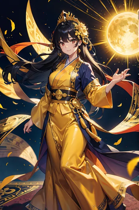 Black Hair, Immortal, Beauty, Royal sister, Stepmother, Gold Yellow Taoist robe, Golden Phoenix Coronet, Hair Bunch, Beautiful ,...