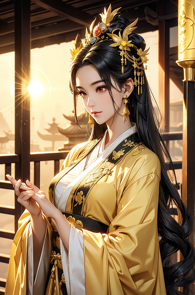 Black Hair, Immortal, Beauty, Royal sister, Stepmother, Gold Yellow Taoist robe, Golden Phoenix Coronet, Hair Bunch, Beautiful , Mature Woman，Sunshine