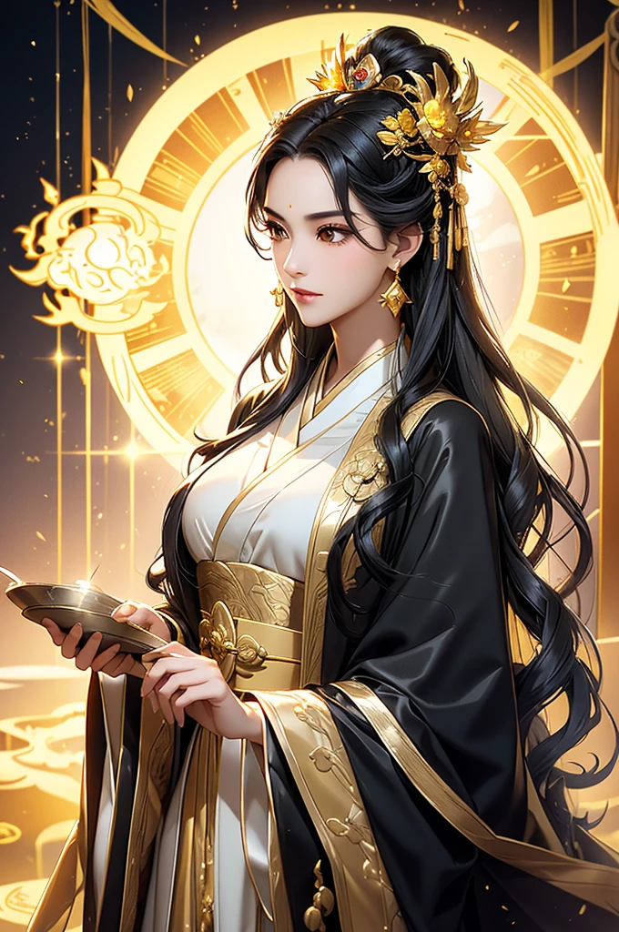 Black Hair, Immortal, Beauty, Royal sister, Stepmother, Gold Yellow Taoist robe, Golden Phoenix Coronet, Hair Bunch, Beautiful , Mature Woman，Sunshine