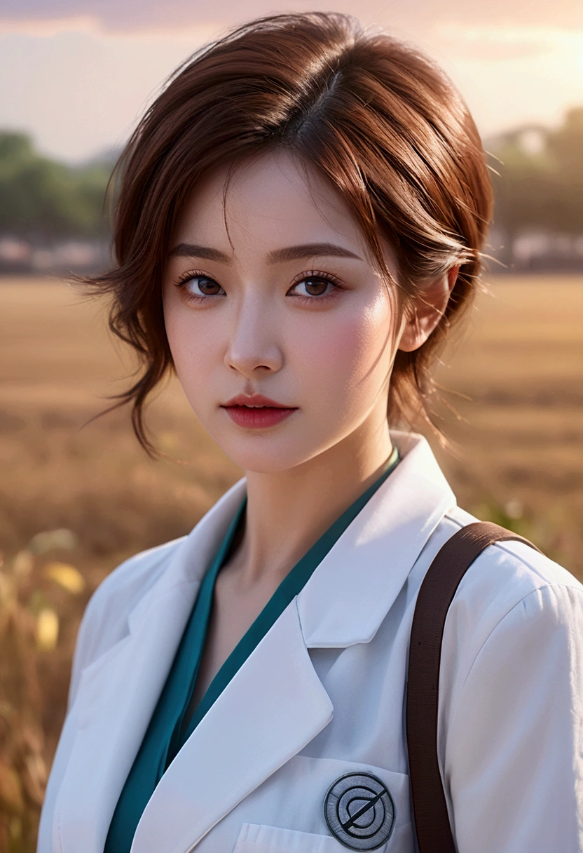 Female scientist in future socialist world_A beautiful young woman with delicate features, standing in open field with chaos and missile launchers in background, wearing white lab coat, short brown hair, brown eyes, hopeful expression. (Best Quality, 4k, 8k, High Resolution, Masterpiece: 1.2), Highly Detailed, (Photorealistic, Realistic, Photorealistic: 1.37), HDR, UHD, Studio Lighting, Highly Detailed Drawing, Sharp Focus, Physically Based Rendering, Highly Detailed, Professional, Vivid Colors, Bokeh, Sci-Fi, Concept Art