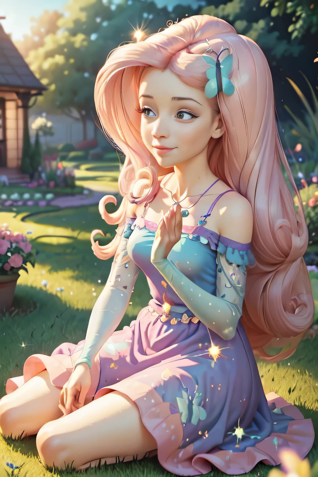 singularity, (best quality, 8k, masterpiece:1.2,),Cutest,Cute girl,Beautiful face,Beautiful eyes,Beautiful hair, Light pink long wavy hair,Lots of colorful flowers,soft sunlight,vivid colors, , shimmering petals,peaceful garden cosmic,flying butterflies cosmic,lovely dress,innocent smile,sitting down, blissful atmosphere,serene background,dreamy ambiance,lively atmosphere,sparkling dewdrops, expression,captivating charm,magical garden,pastel hues,gentle breeze,dainty features,delicate petals,endearing beauty,enchanted scenery.