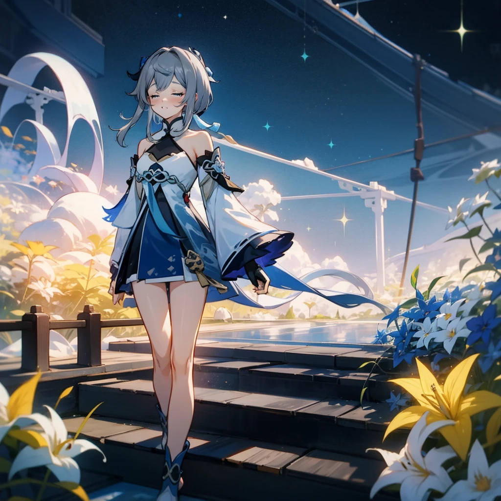 Masterpiece,best quality,4k,1girl,[((solo)),closed eyes, guizhong_\(genshin_impact\),(grey hair),short_hair_with_long_locks in front and low ponytail in back,gradient_hair,starry_sky_print,detached_sleeves white outside blue starry inside, hands completely hidden by long sleeves,stunning field of softly glowing cerulean and white glaze lilies,night scene,gentle smile
BREAK 
guizhong_genshin is a serene and mysterious woman, dressed in fluid clothes that seem to merge with the stardust around them. She is standing on a raised platform over the shimmering pool, with eyes closed in meditation,alone. Short skirt