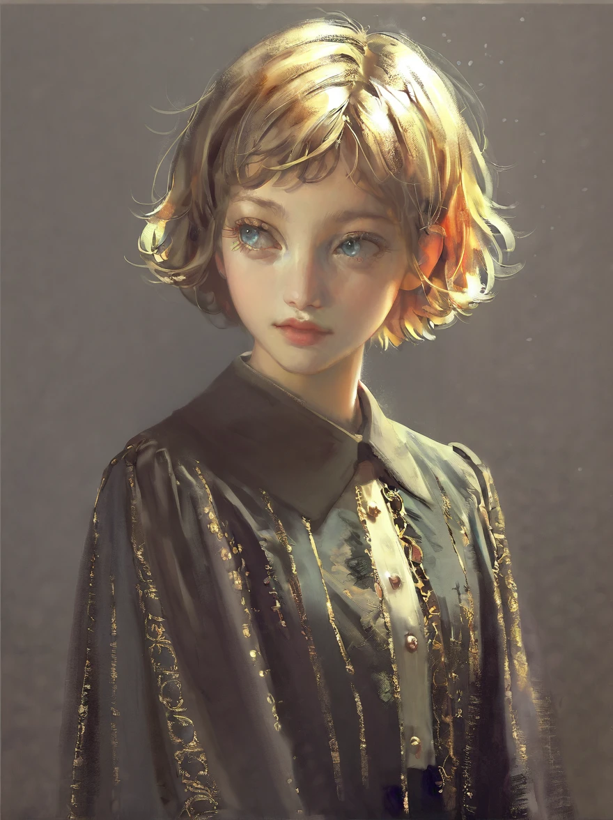 masterpiece, best quality, high quality, hyperrealistic anime painting, anime painting, loose long hair, black background, dramatic diagonal lighting, painterly, realistic painting, soft feature, detailed clothes, detailed, rembrandt lighting, 1girl, blonde hair, short hair, wavy hair, blue eyes, long eyelashes, shy expression, standing, wavy bangs, short, BREAK solo, small breasts, skinny, arched back, thigh gap, princess outfit, BREAK (snowy background:1.2), simple background, innocent, lovely, adorable,
