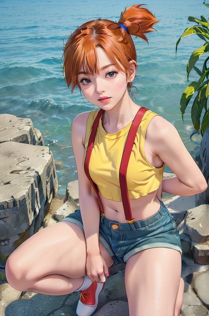 (masterpiece,Highest quality,In 8K,Very detailed,High resolution,Realistic:1.2), (Small plain yellow shirt, Red suspenders, Navy blue risqué denim hot pants, Emphasize the V-line, Beautiful barefoot, White socks, Red sneakers:1.5), (Orange Hair, Short Side Tail:1.3),(Squatting on rocks on a tropical beach:1.5), (Shooting from the thigh up:1.5),(Turn your face slightly to the side:1.2), (18 year old Japanese female:1.3), (Lean upper body:1.3), (Thicken your thighs:1.3), (View of the subject from below:1.2), (Draw the details of the costume:1.3), smile, I can see your teeth, Eyelash extensions,Pink lipstick, Red teak