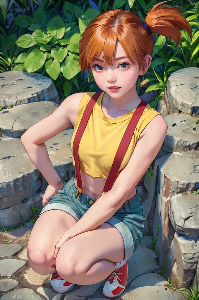 (masterpiece,Highest quality,In 8K,Very detailed,High resolution,Realistic:1.2), (Small plain yellow shirt, Red suspenders, Navy blue risqué denim hot pants, Emphasize the V-line, Beautiful barefoot, White socks, Red sneakers:1.5), (Orange Hair, Short Side Tail:1.3),(Squatting on rocks on a tropical beach:1.5), (Shooting from the thigh up:1.5),(Turn your face slightly to the side:1.2), (18 year old Japanese female:1.3), (Lean upper body:1.3), (Thicken your thighs:1.3), (View of the subject from below:1.2), (Draw the details of the costume:1.3), smile, I can see your teeth, Eyelash extensions,Pink lipstick, Red teak