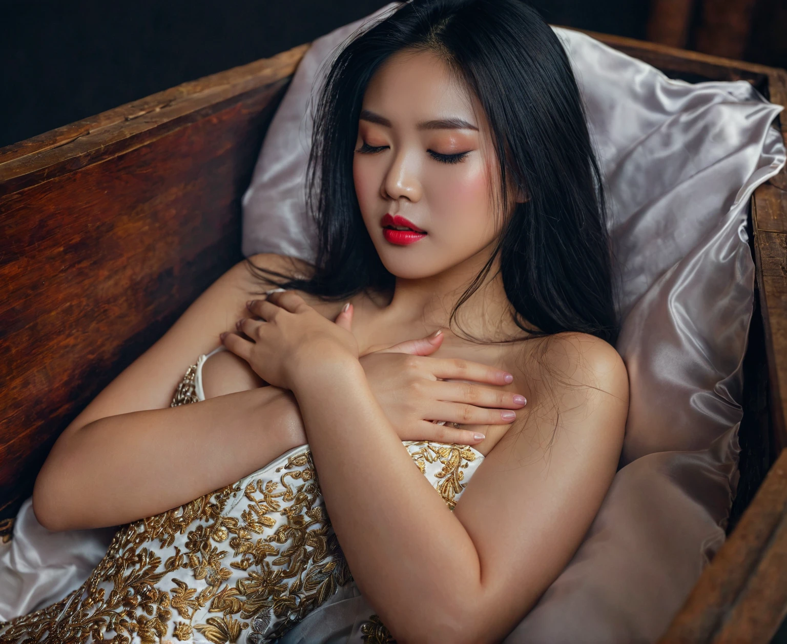 In a striking 8K HDR scene, a stunning Korean woman, 22 years old, lies peacefully in a coffin and coffin cover surrounded by plush pillows. The deep box is set against a rich black background, accentuating the beauty of the subject. Her exquisite deep-V neckline kebaya attire is embroidered with superb detail, showcasing her round and firm breasts, perfect cleavage, and beautiful eyebrows. Her closed eyes and mouth give an air of serenity, while her visible and absolute cleavage leave nothing to imagination. The scene is bathed in saturated colors, highlighting every intricate aspect from the ball skirt to her clean face, straight body, detailed hand perfect hands, straight body, own hands together, own hand on stomach, detailed hands, perfect hands.