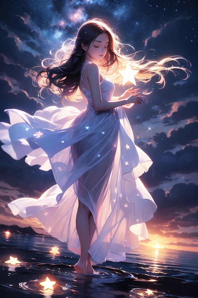 xcdd, 1girl, star \(symbol\), dress, solo, closed eyes, long hair, wading, sky, star \(sky\), glowing, night, water, holding, barefoot, standing, white dress, starry sky, night sky, floating hair